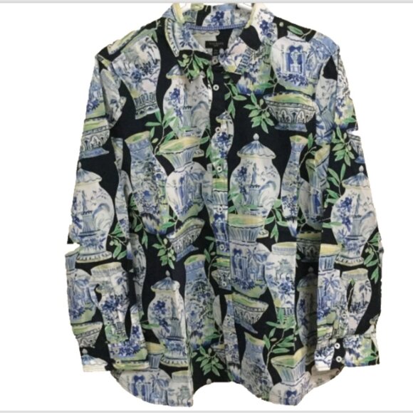 Talbots Women Size XLP Shirt Blouse Top Vases Navy Green White Button Front - Picture 2 of 7